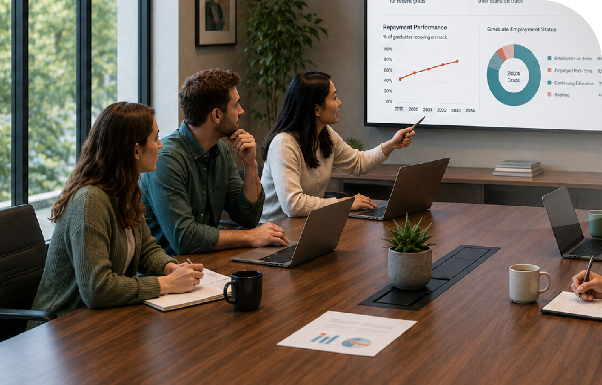 Three professionals sit at a conference table viewing a presentation on a screen.